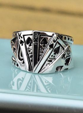 男士潮款小众金花黑桃同花顺扑克牌造型泰银戒子925纯银宫廷指环