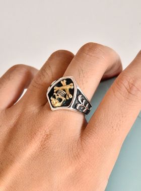 男女复古朋克银铜混搭骨棒骷髅头盾牌泰银戒指925纯银小众款指环