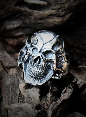 泰国进口男女朋克哥特款暗黑裂痕骷髅头泰银戒指925纯银做旧指环