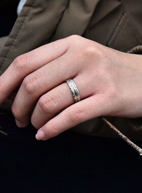 进口中性款925纯银羽毛开口戒指