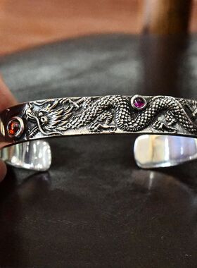 男士朋克风浮雕纯银可调节手环