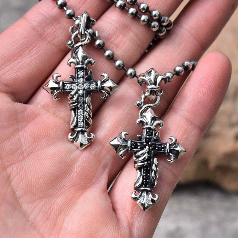 泰国进口男女情侣微镶黑白钻天使守护之翼十字架吊坠925纯银挂件