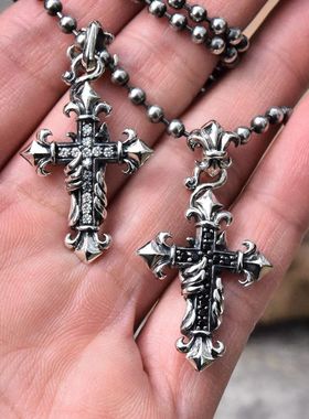 泰国进口男女情侣微镶黑白钻天使守护之翼十字架吊坠925纯银挂件