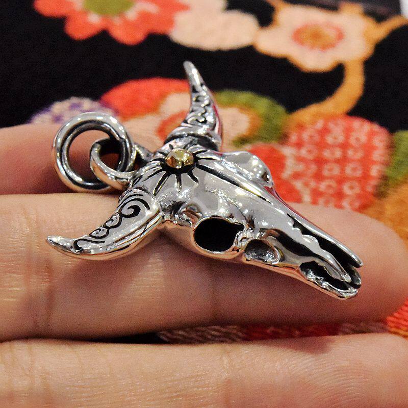 男女复古款欧美雕花太阳标牛骷髅头泰银朋克吊坠925纯银项链挂件