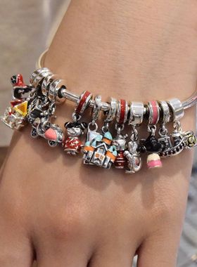 镶钻珐琅中国日本娃娃招财猫摩托车城堡旋转木马925纯银吊坠配件