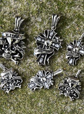 进口男女款925纯银至死不渝的爱与守护骷髅头十字架情侣吊坠挂件