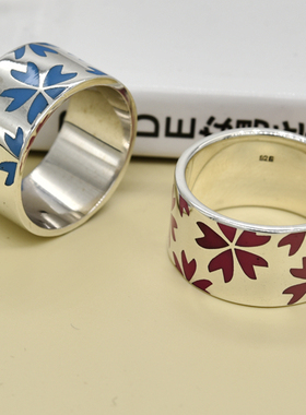 进口中性款925纯银樱花宽版戒指