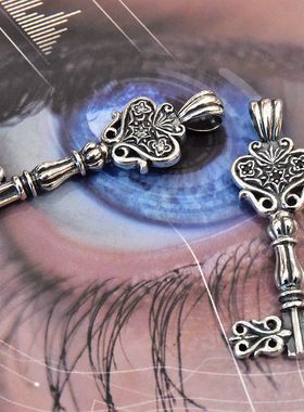 进口男女复古宫廷镶嵌黑白小钻爱心打开心门钥匙造型吊坠925纯银