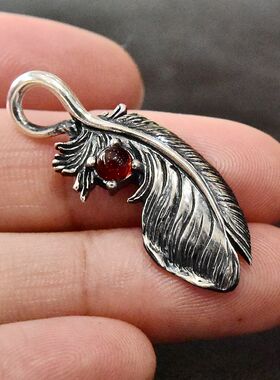 进口女士925纯银石榴石羽毛吊坠
