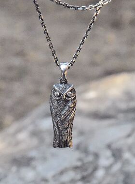 进口女士925纯银镶钻猫头鹰吊坠