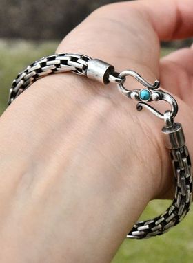 进口中性款925纯银编织复古手链