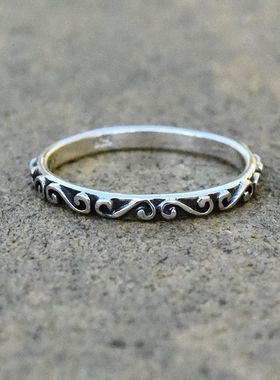 男女复古ins简约紧箍s花纹细巧泰银戒925纯银小众指环尾戒小指戒