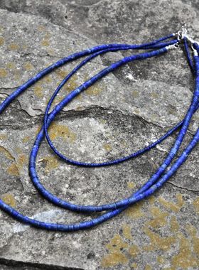 女士进口天然原矿细致圆管桶珠青金石颈链锁骨项链925银配件搭扣