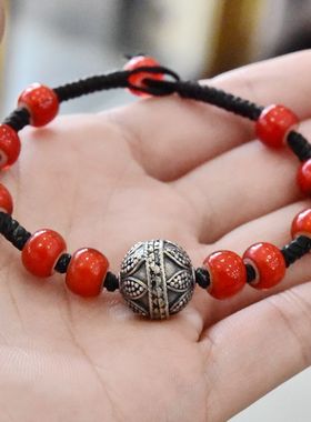 民族风纯银雕花非洲琉璃珠子手链