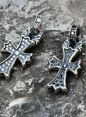 男女宫廷暗黑哥特微镶黑白小钻小众款925纯银十字架吊坠情侣挂件