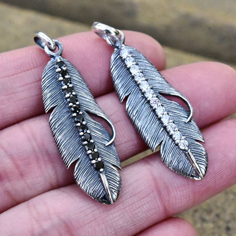 泰国原版925纯银镶嵌黑白钻细致羽毛泰银吊坠女士哥特小众款挂件