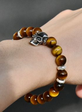 进口男士925纯银朋克虎睛石手链