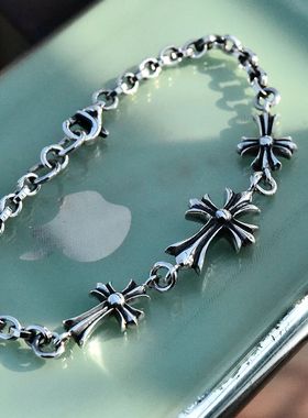 进口女士925纯银十字架朋克手链