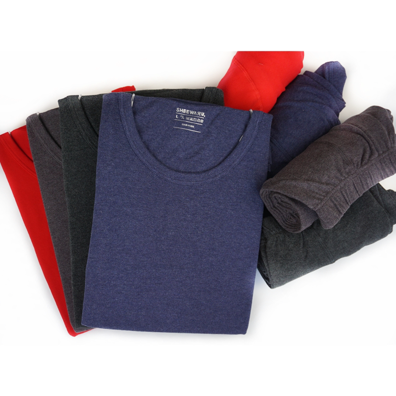 兄华51137全棉男式青年薄绒保暖内衣套装圆领秋衣贴身磨毛打底秋