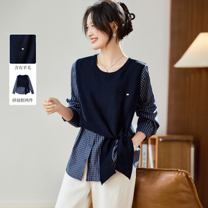 棉茧 假两件格子衬衫女2025秋冬装新款设计感针织披肩上衣衬衣，女装衬衫，可风各