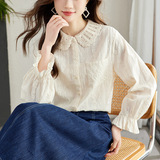优雅刺绣花边领衬衫百搭显瘦长袖上衣，女装衬衫，可风各
