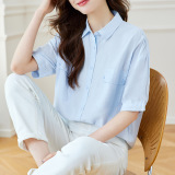 时尚百搭翻领口袋短袖衬衫女夏季新款宽松显瘦上衣，女装衬衫，可风各