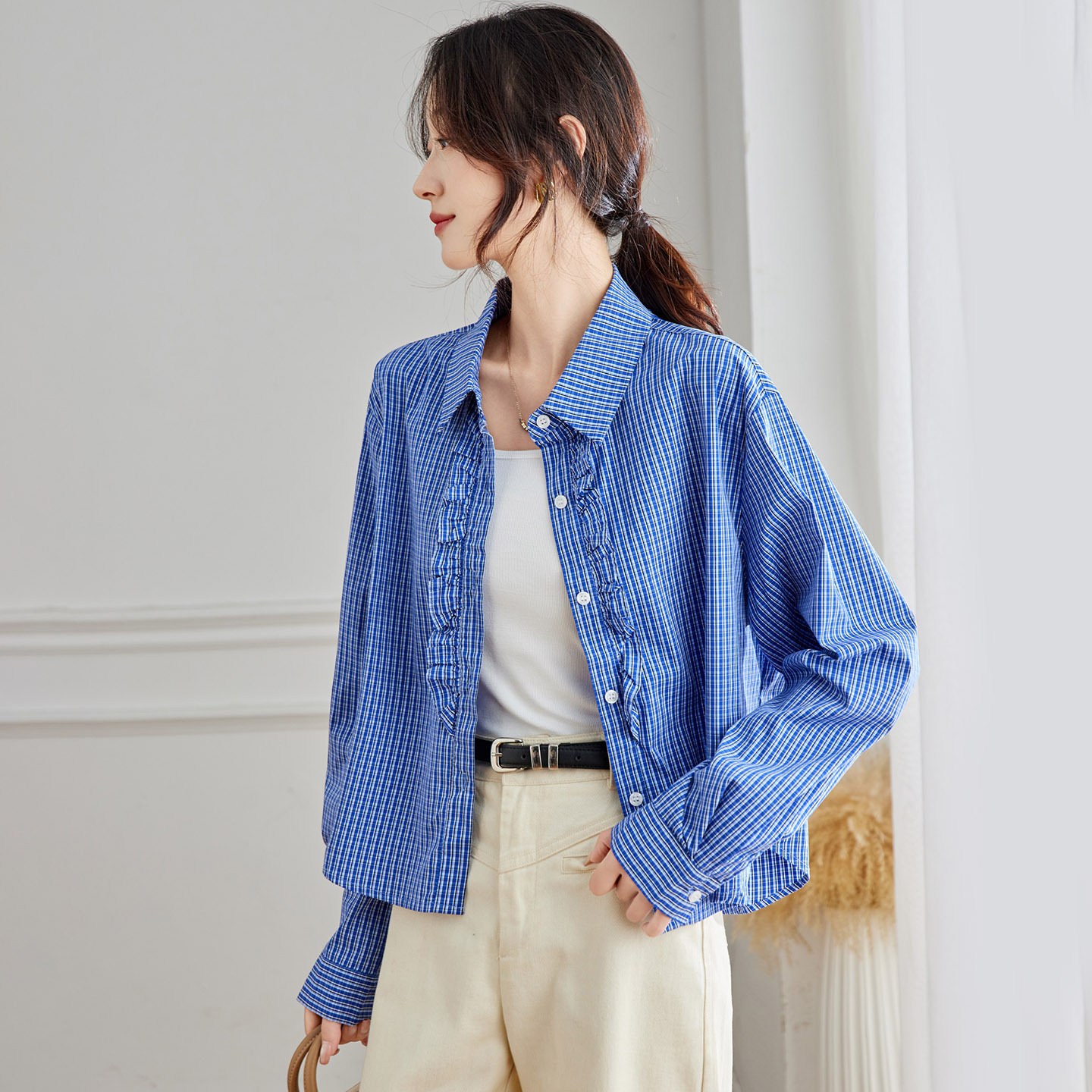 蓝格长袖衬衫女装2025早秋新款轻奢高级感H版衬衣女通勤上衣,女装衬衫,可风各