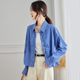 蓝格长袖衬衫女装2025早秋新款轻奢高级感H版衬衣女通勤上衣，女装衬衫，可风各