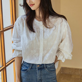 绣花衬衫女长袖2025春装圆领纯棉刺绣上衣休闲时尚气质女式衬衣，女装衬衫，可风各