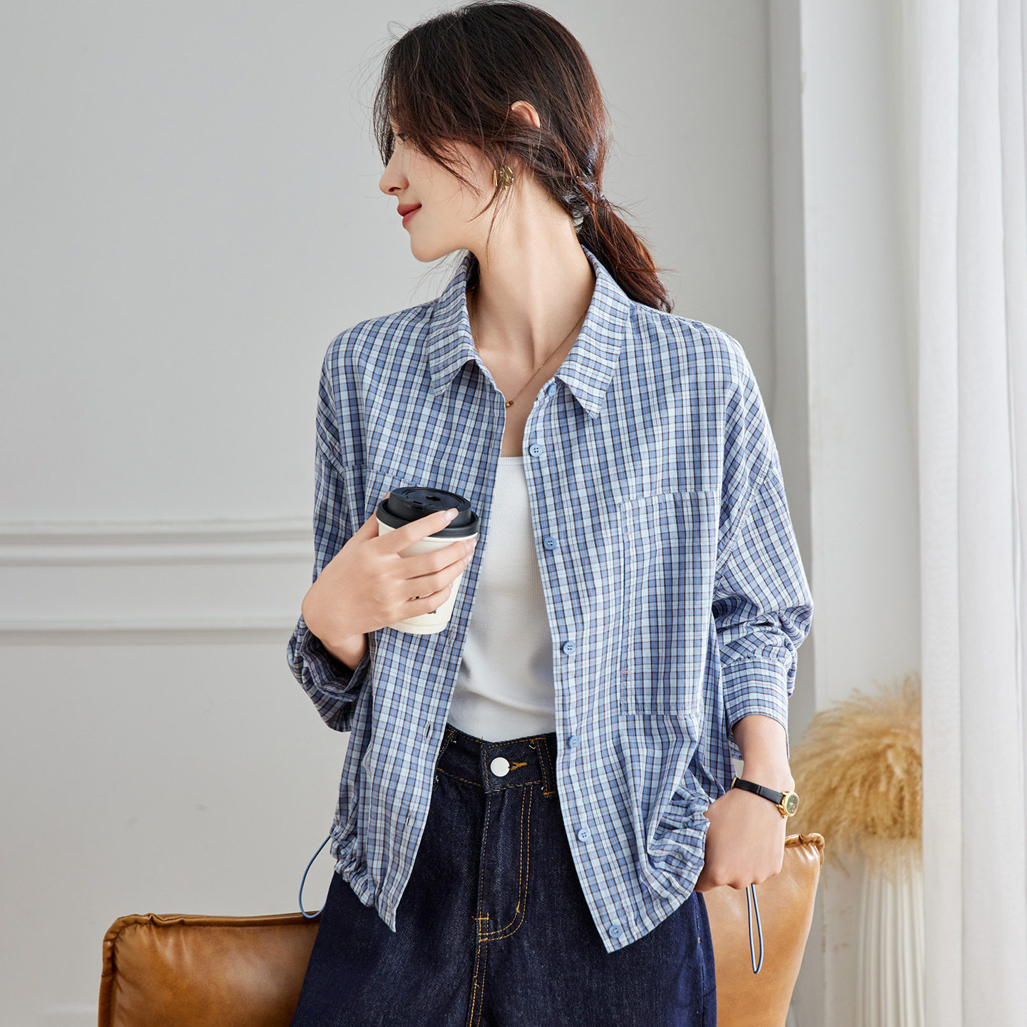 可风各长袖衬衫58065P89K124.4蓝色格子衬衫女长袖,女装衬衫,可风各