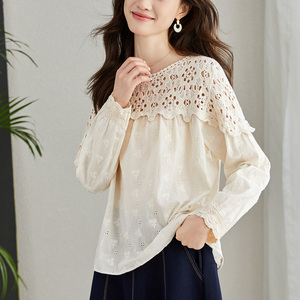 杏色蕾絲鏤空寬松襯衫遮肚子顯瘦休閑上衣圖片