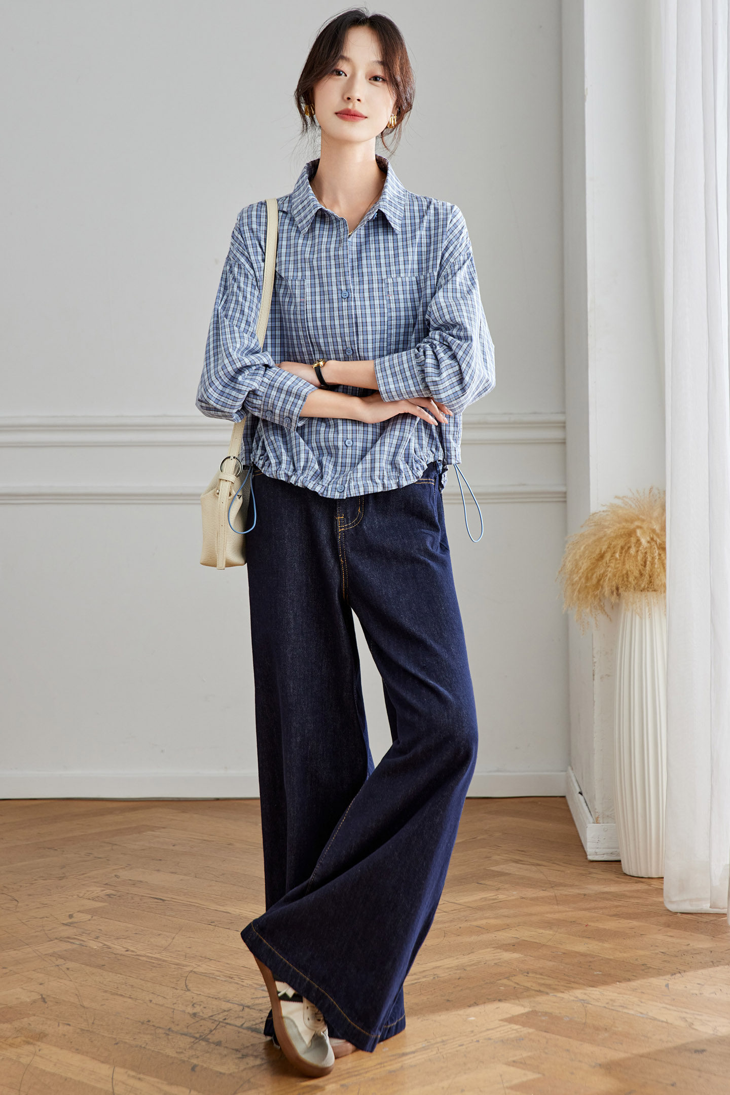 可风各长袖衬衫58065P89K124.4蓝色格子衬衫女长袖,女装衬衫,可风各