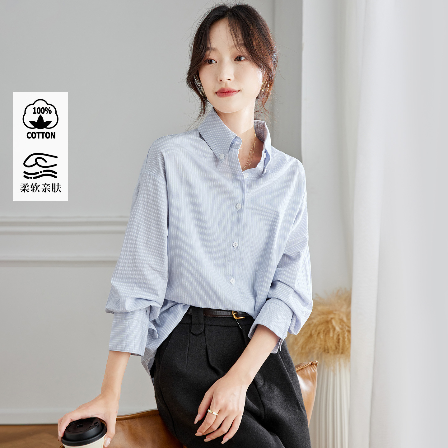 可风各长袖衬衫58074P98K156.8式时尚条纹衬衫女长袖，女装衬衫，可风各