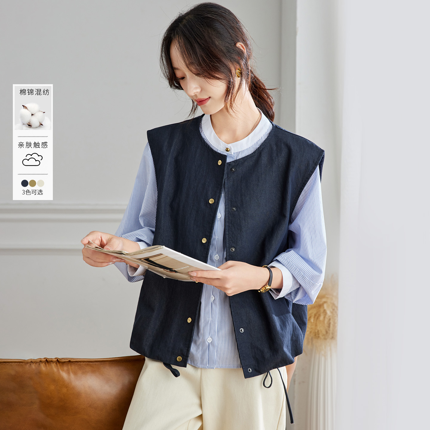 可风各马甲58004P105K168文艺简约显瘦百搭宽松休闲上衣女，女装马甲，可风各