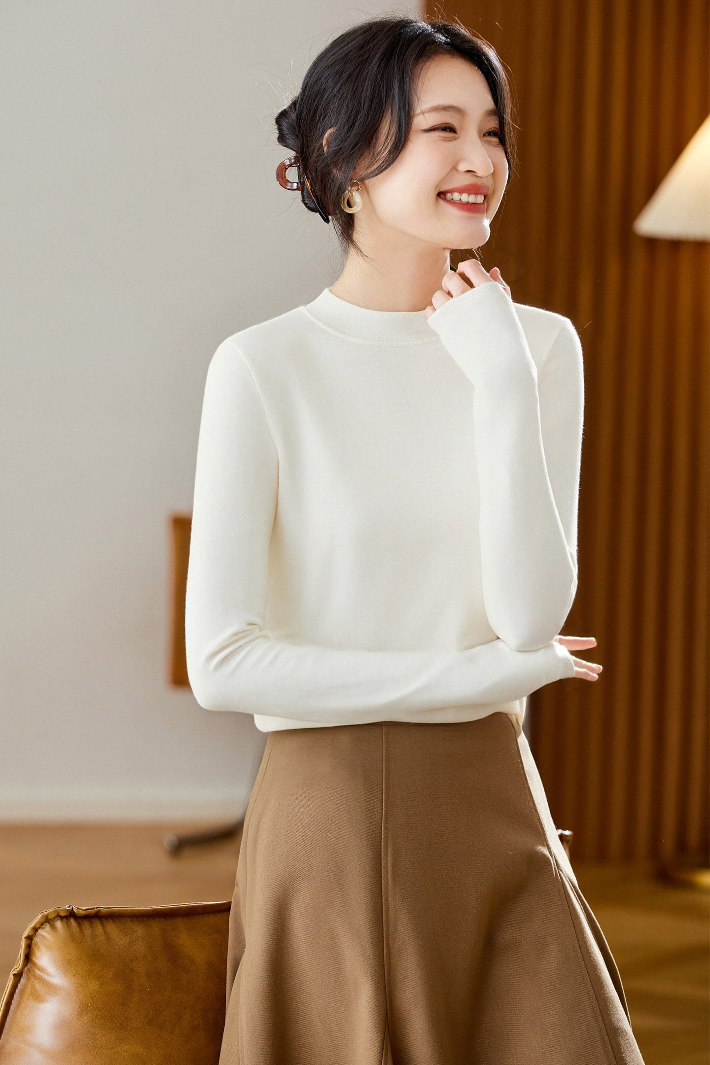 可风各T恤510529P45K72小立领天丝羊毛打底衫加绒,女装T恤,可风各