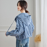 可风各长袖连帽衫57100P96K153.6蓝色格子长袖连帽衬衫女装，女装衬衫，可风各