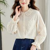 优雅刺绣花边领衬衫百搭显瘦长袖上衣，女装衬衫，可风各