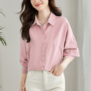 秋季新款小個(gè)子寬松顯瘦休閑襯衫女粉色長(zhǎng)袖百搭通勤上衣圖片