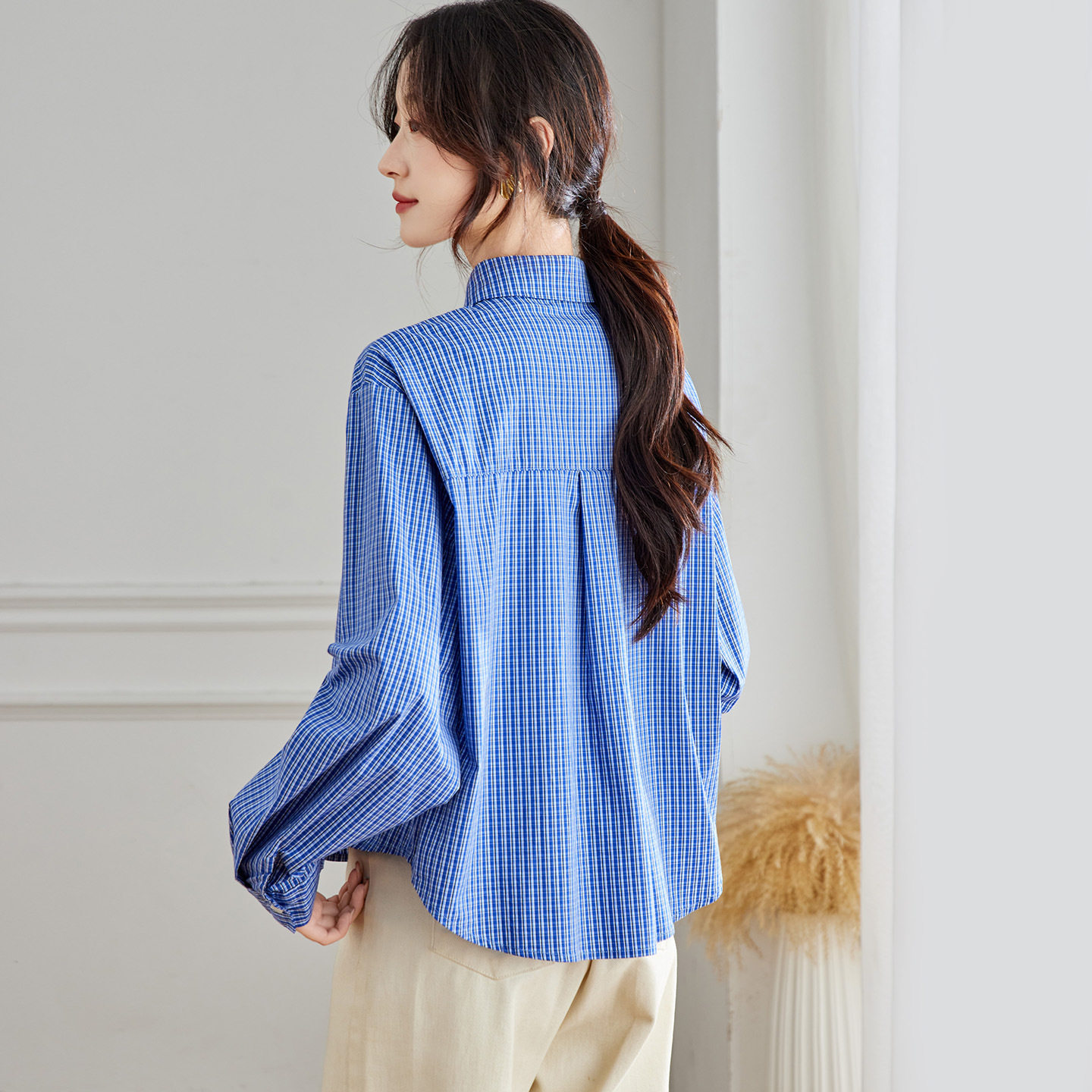 蓝格长袖衬衫女装2025早秋新款轻奢高级感H版衬衣女通勤上衣,女装衬衫,可风各