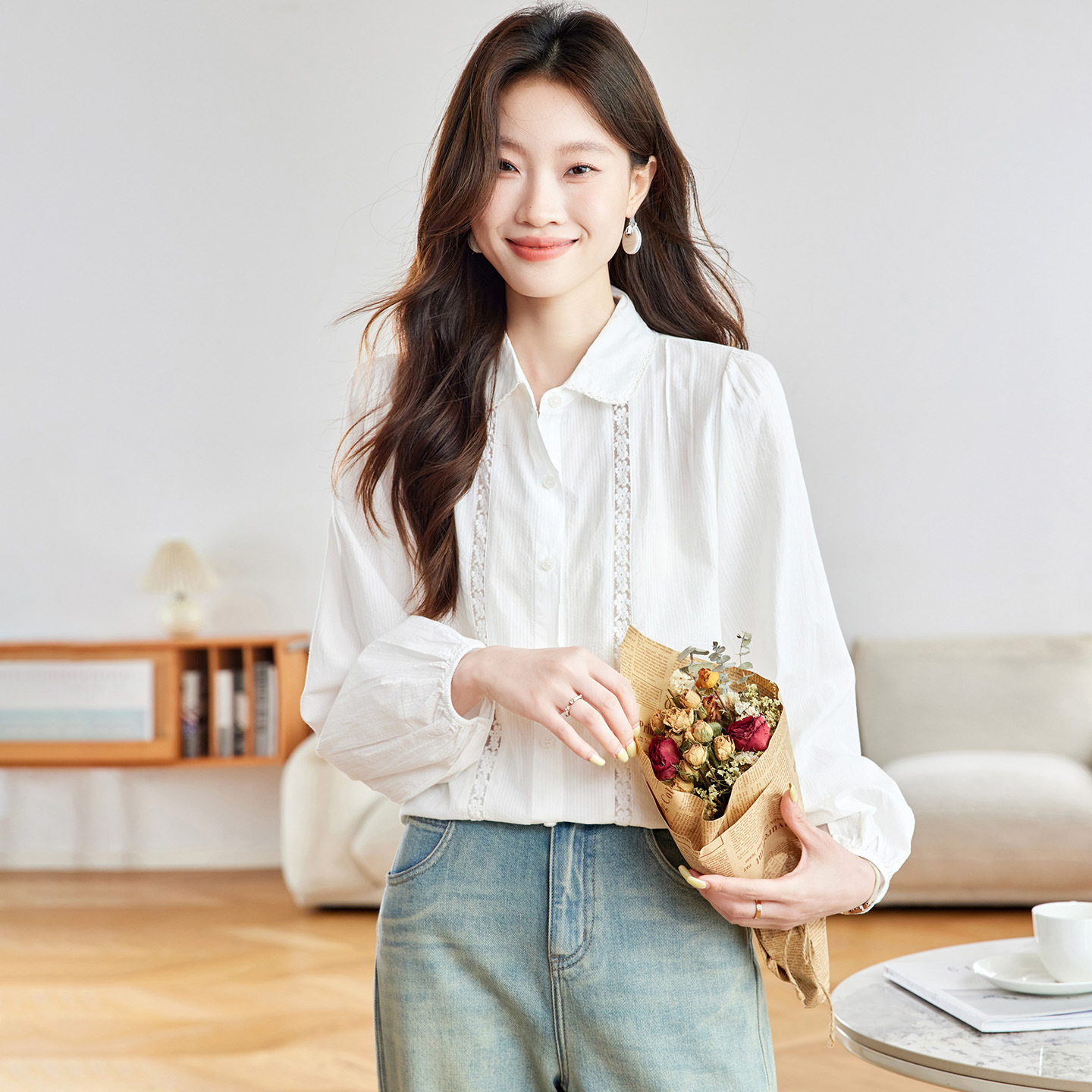 可风各长袖衬衫56024P75K120钩花镂空泡泡袖上衣通勤休闲Ins风，女装衬衫，可风各