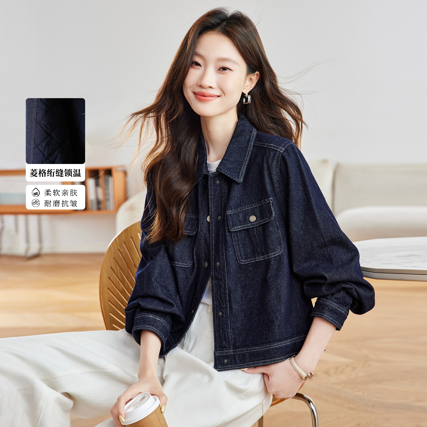 可风各棉衣59076P177K283.2加厚款短款水洗牛仔外套衬衣，女装棉衣/棉服，可风各