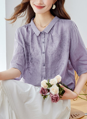 可风各苎麻衬衫55054P108K172.8复古重工立体刺绣苎麻衬衫女