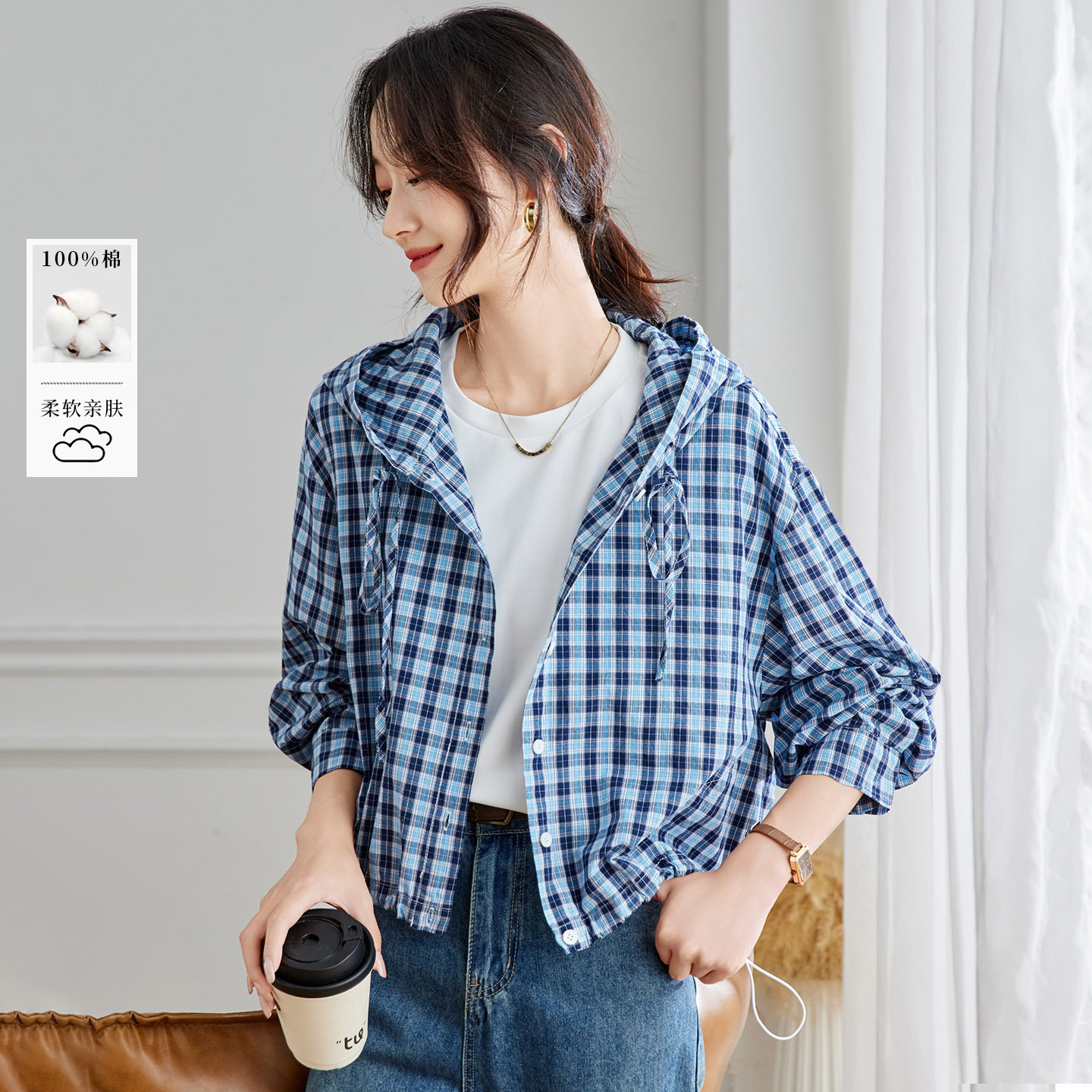 可风各长袖连帽衫57100P96K153.6蓝色格子长袖连帽衬衫女装，女装衬衫，可风各