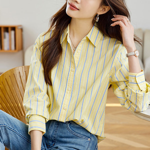 条纹衬衫女2025春秋装新款长袖宽松显瘦设计感小众气质衬衣上衣潮，女装衬衫，可风各