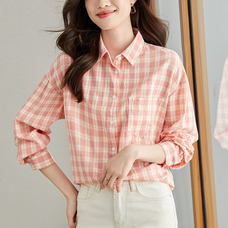 文藝氣質(zhì)格子襯衫女長袖加厚秋裝新款韓版寬松顯瘦百搭上衣圖片