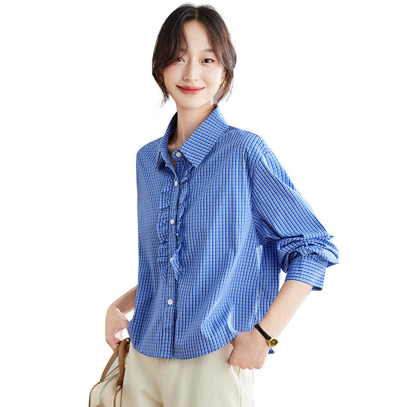 蓝格长袖衬衫女装2025早秋新款轻奢高级感H版衬衣女通勤上衣,女装衬衫,可风各