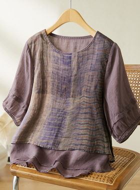 可风各苎麻衬衫57021P108K172.8圆领偏低五分袖何图形透气百搭