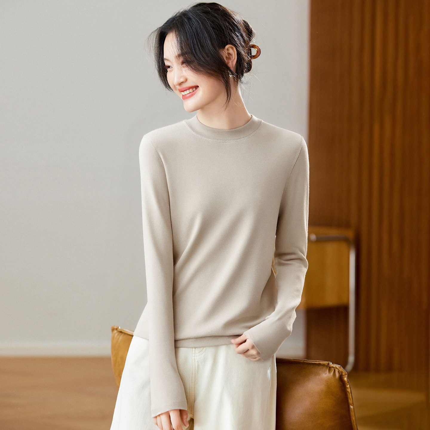 可风各T恤510529P45K72小立领天丝羊毛打底衫加绒,女装T恤,可风各