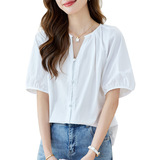 时尚百搭圆领短袖衬衫女夏季新款宽松显瘦上衣，女装衬衫，可风各