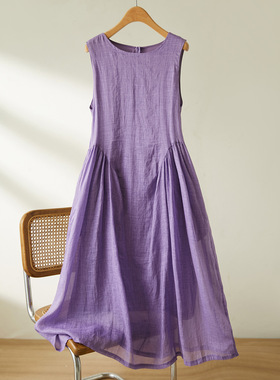 可风各苎麻连衣裙56093P147K235.2紫色无袖连衣裙女